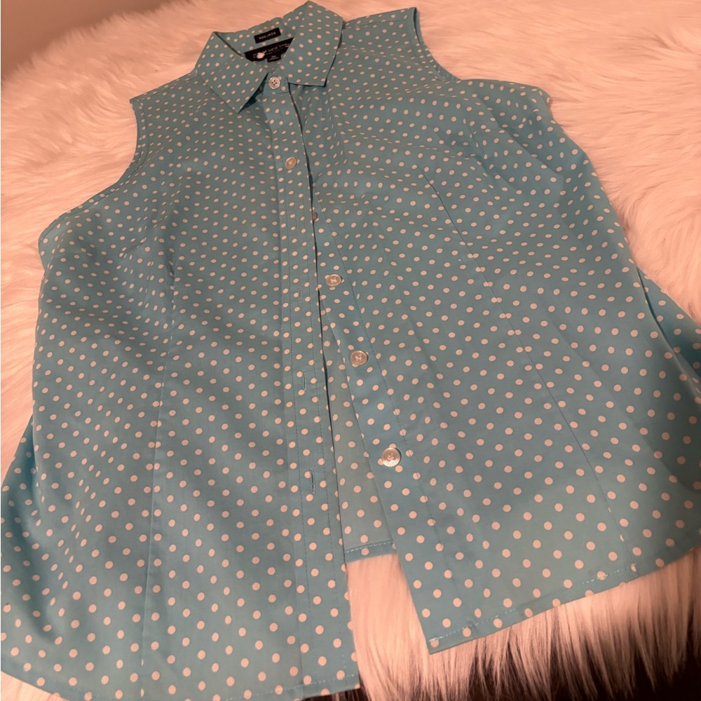 Jones New York Teal and White Polka Dot Top